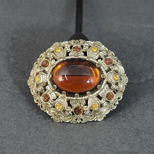 Vintage Brooch Pin West Germany Gold Tone Dome Cabochon Rhinestone Filigree MCM